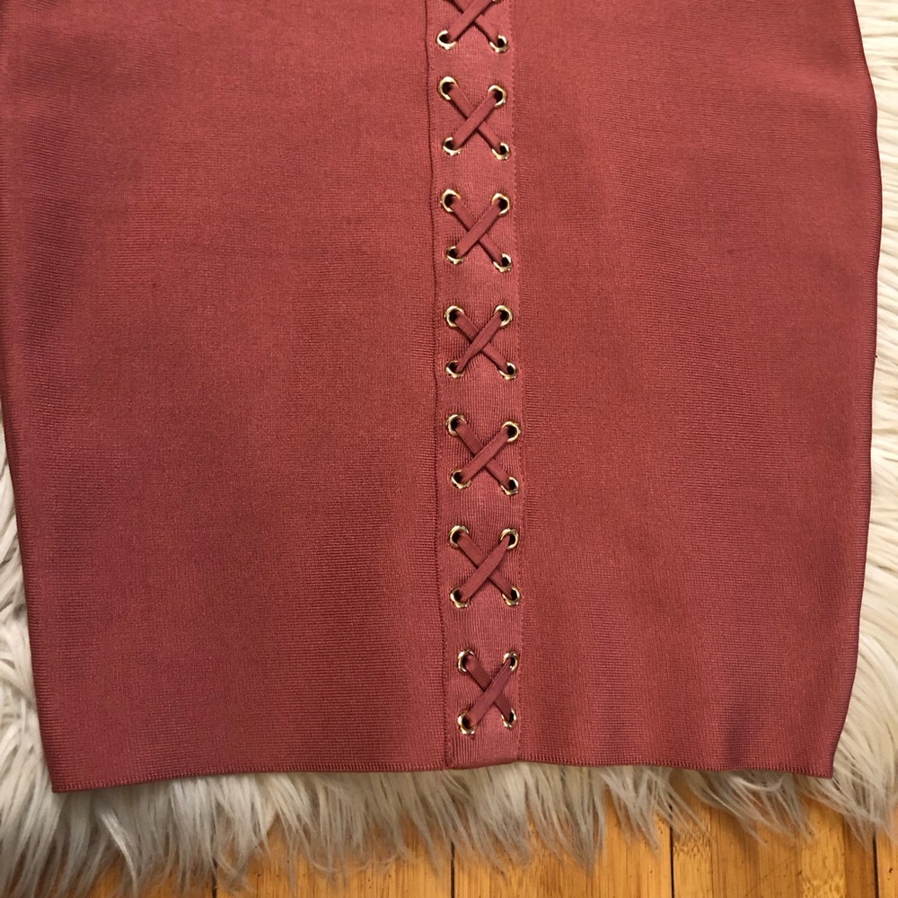 Windsor Bodycon Criss Cross Mock Neck Long Sleeve Rust Orange Mini Dress size S - Picture 7 of 11